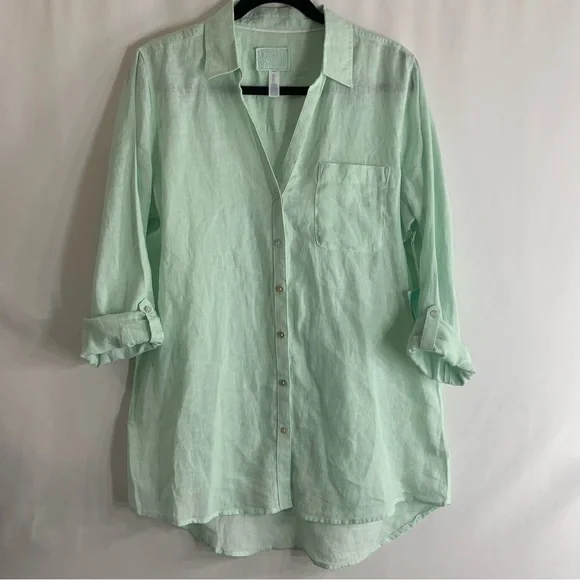 NWT Sigrid Olsen Mint Green Linen Button-Up Tunic, Size M - Picture 2 of 11